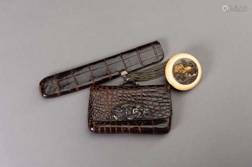 Ɏ A LEATHER TABAKO-IRE (TOBACCO POUCH) AND ENSEMBLE WITH SIL...