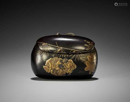 A RARE BLACK AND GOLD LACQUER TONKOTSU DEPICTING A NEW YEAR&...