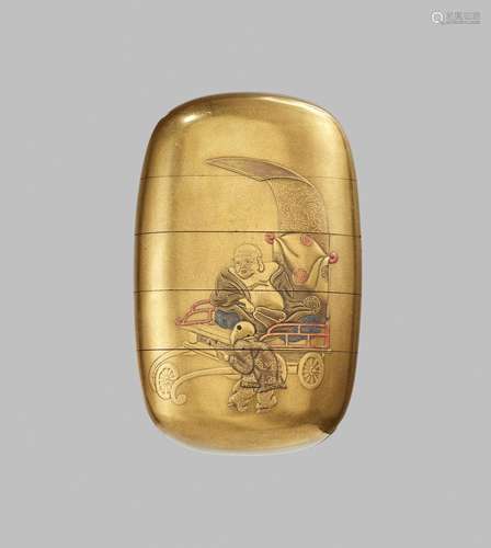 SHOKYOSAI: A GOLD LACQUER FOUR-CASE INRO DEPICTING HOTEI AND...