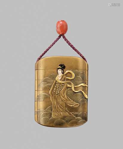 KIROKU: A CERAMIC-INLAID GOLD LACQUER FIVE-CASE INRO DEPICTI...