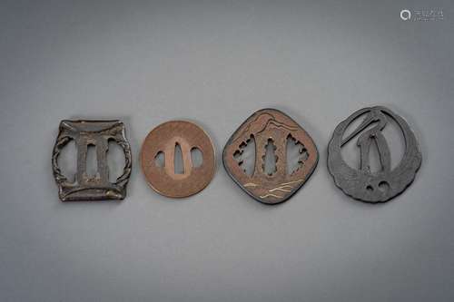 A GROUP OF FOUR IRON AND COPPER TSUBA