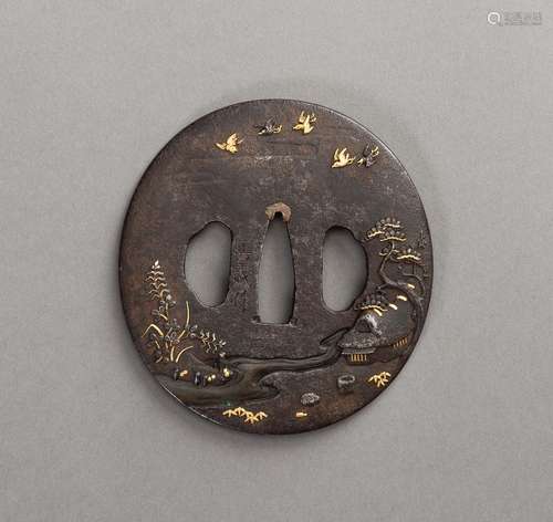 MASAYOSHI: AN IRON TSUBA DEPICTING A THATCHED HUT