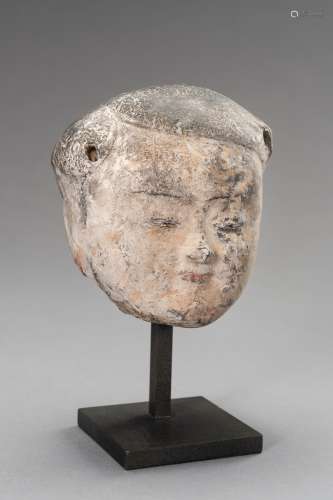 A PAINTED POTTERY HEAD OF A COURT LADY, HAN DYNASTY