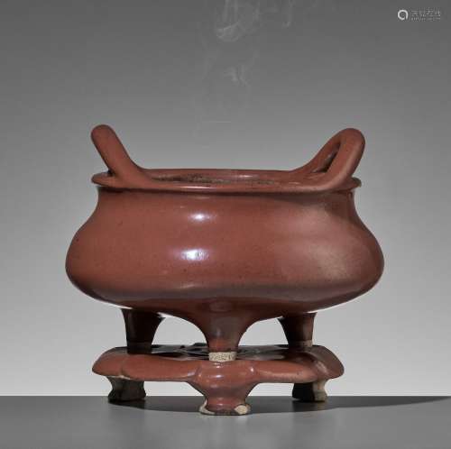 A RARE IRON-RUST GLAZED TRIPOD CENSER WITH MATCHING STAND, M...