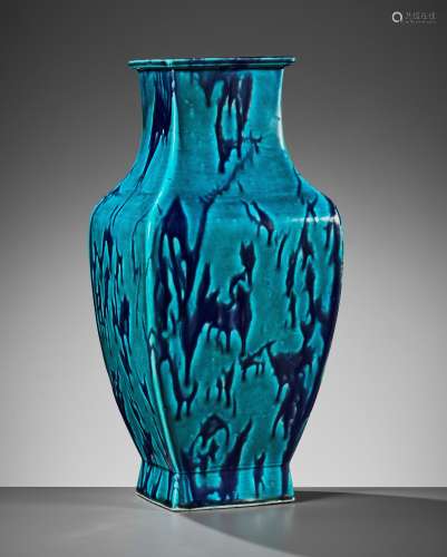 A TURQUOISE AND AUBERGINE-GLAZED SQUARE BALUSTER VASE, 18TH ...