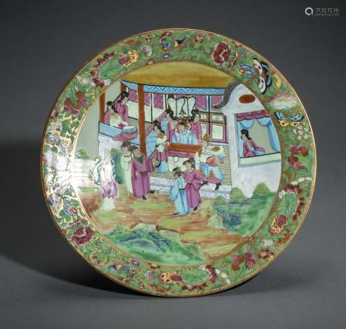 A LARGE PLATE WITH COURT SCENE, BLOSSOMS AND ANIMALS