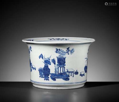 A BLUE AND WHITE 'HUNDRED TREASURES' JARDINIERE, Q...