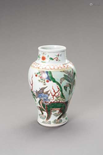 A FAMILLE VERTE 'QILIN' BALUSTER VASE, LATE QING T...