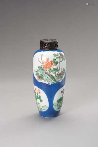 A POWDER BLUE GROUND FAMILLE VERTE OVOID VASE, LATE QING DYN...