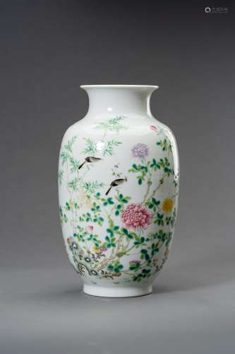A FAMILLE ROSE 'BIRDS AND FLOWERS' OVOID VASE, HON...