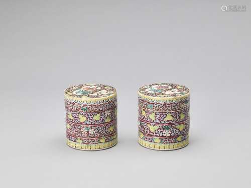 A PAIR OF THREE-TIERED ENAMELED PORCELAIN COSMETIC BOXES, RE...
