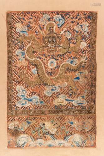 AN EMBROIDED SILK 'DRAGON' PANEL, 17TH CENTURY