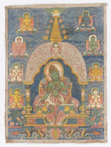 A THANGKA OF GREEN TARA, 18TH - 19TH CENTURY