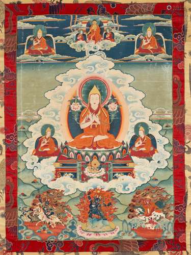 A THANGKA OF TSONGKHAPA EMANATING FROM THE HEART OF MAITREYA