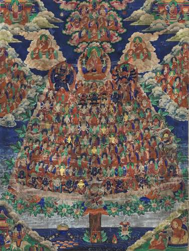 A THANGKA OF TSONGKHAPA AND THE GELUGPA REFUGE TREE, 19TH CE...