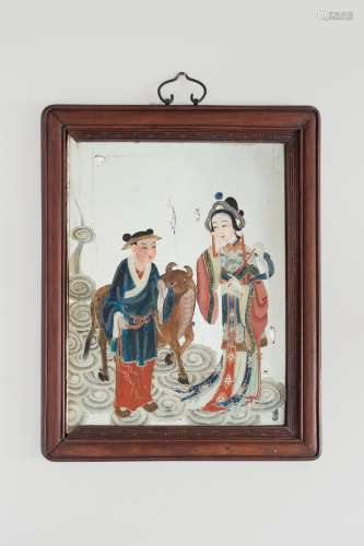 A REVERSE-GLASS MIRROR PAINTING OF TWO IMMORTALS