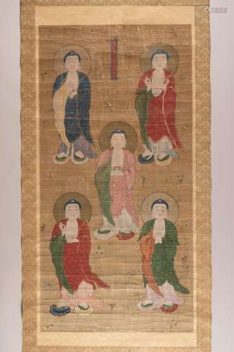 † A LARGE SCROLL PAINTING WITH FIVE BUDDHAS, QING
