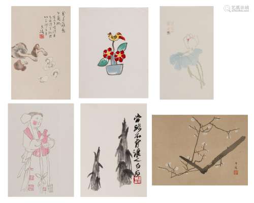 SIX CHINESE COLOR PRINTS, ONE BY QI BAISHI (1864-1957), 1950...