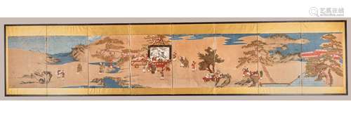 A LARGE EIGHT-PANEL SCREEN DEPICTING HOTEI AND SCHOLARS, LAT...