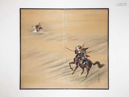 SHUNSUI: A TWO-PANEL BYOBU SCREEN DEPICTING A BATTLE SCENE F...