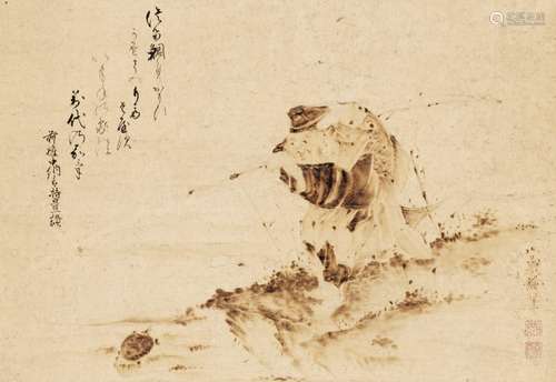 A SCROLL PAINTING OF EBISU FISHING FOR A MINOGAME