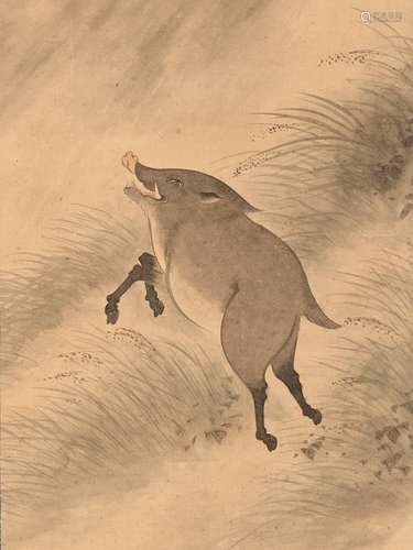 NOJIRO UNSEN: A FINE SCROLL PAINTING OF A WILD BOAR