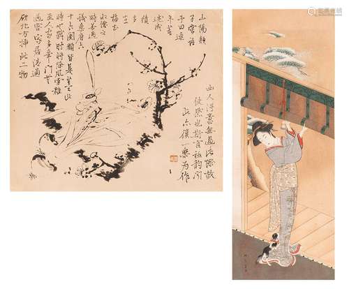 A SET OF A JAPANESE HAND COLORED WOODBLOCK PRINT AND A CHINE...