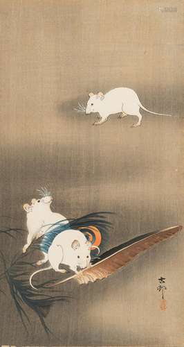 OHARA KOSON: A COLOR WOODBLOCK PRINT OF THREE WHITE MICE WIT...