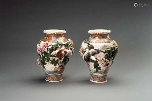 A PAIR OF KOZAN STYLE RELIEF-MOULDED SATSUMA CERAMIC VASES, ...