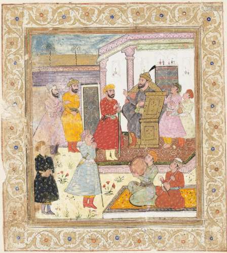 AN EARLY INDIAN MINIATURE PAINTING OF A COURTIER PETITIONING...