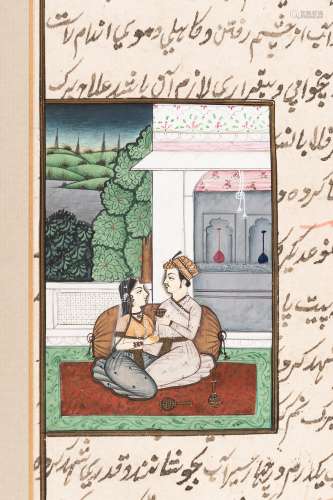A MUGHAL MINIATURE PAINTING OF A COUPLE ON A TERRACE