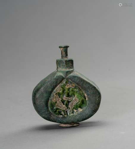 A BRONZE AND ENAMEL MINATURE FLASK