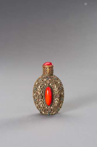 A CZECH EMBELLISHED METALWORK PERFUME BOTTLE, 19TH CENTURY
