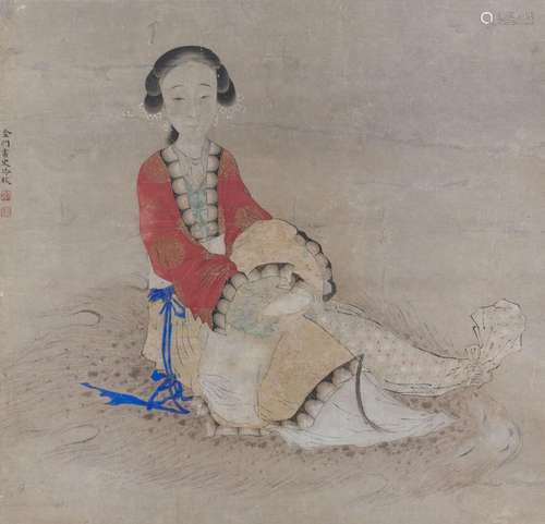 CHINE - Vers 1900<br />
Encre sur papier, jeune femme assise...