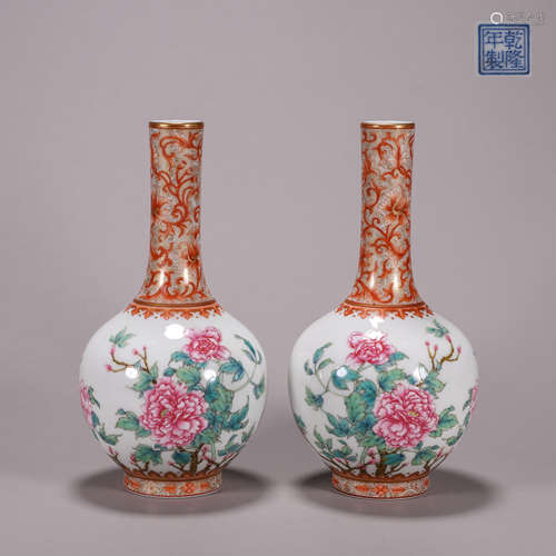 Pair of Iron-Red Glaze and Famille Rose Floral Vases