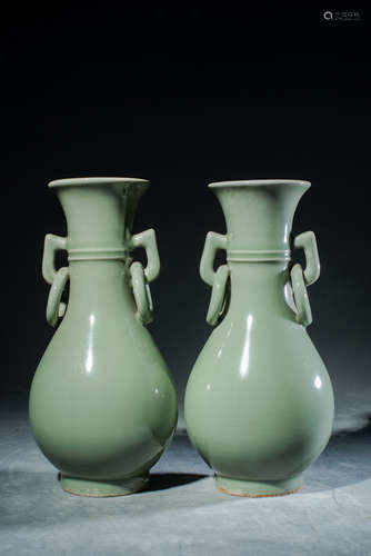 Pair of Celadon Glaze Double-Eared Vases