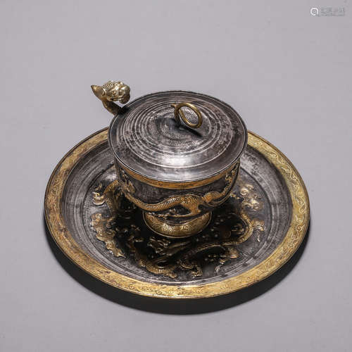 Silver Gilding Dragon Cup and Plate