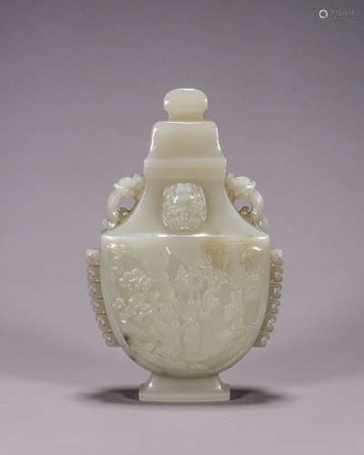 Carved Hetian Jade Landscape and Figure Vase