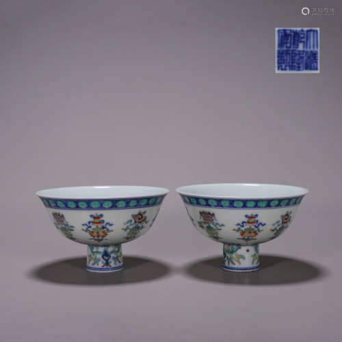 Pair of Doucai Glaze Babao Stem Cups