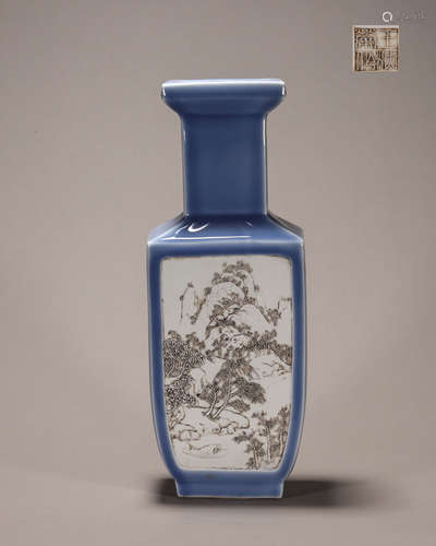 Blue Glaze and Carved Porcelain Landscape Vase