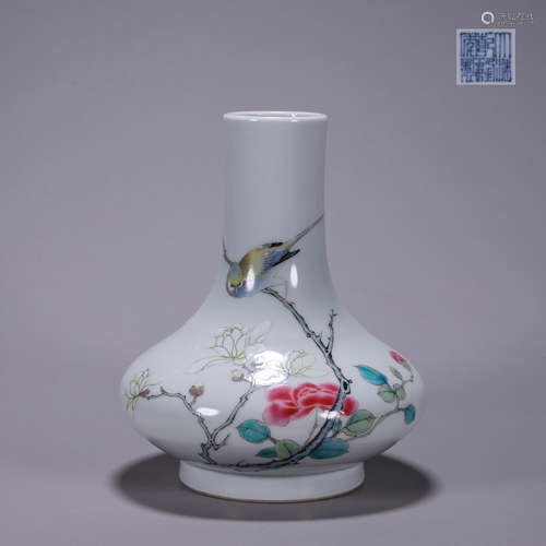 Famille Rose Flower and Bird Bottle Vase