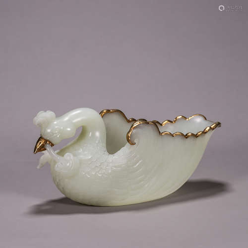 Gold Coating Hetian Jade Phoenix-Bird Cup