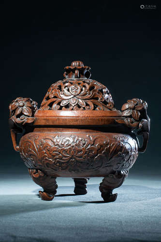 Carved Bamboo Lotus Tripod Censer