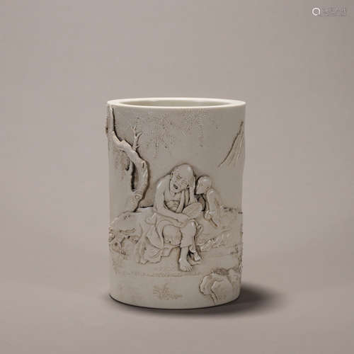 Carved Porcelain Arhat Brush Pot