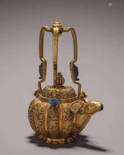 Gilt-Bronze Ram-Head Pot with Loop-Handle