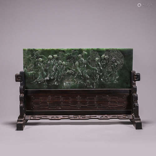 Carved Spinach-Green Jade Figure Table Screen