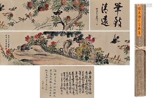 Chinese Flower and Bird Painting Paper Hand Scroll, He Xiang...