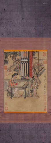 Chinese Figure Painting on Silk, Tang Yin Mark