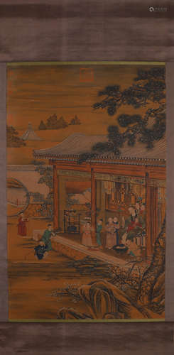 Chinese Figure Painting on Silk, Lang Shining Mark