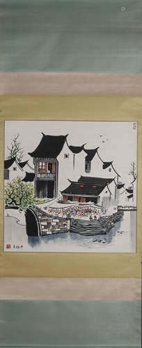 Chinese Pavilion Painting on Paper, Wu Guanzhong Mark